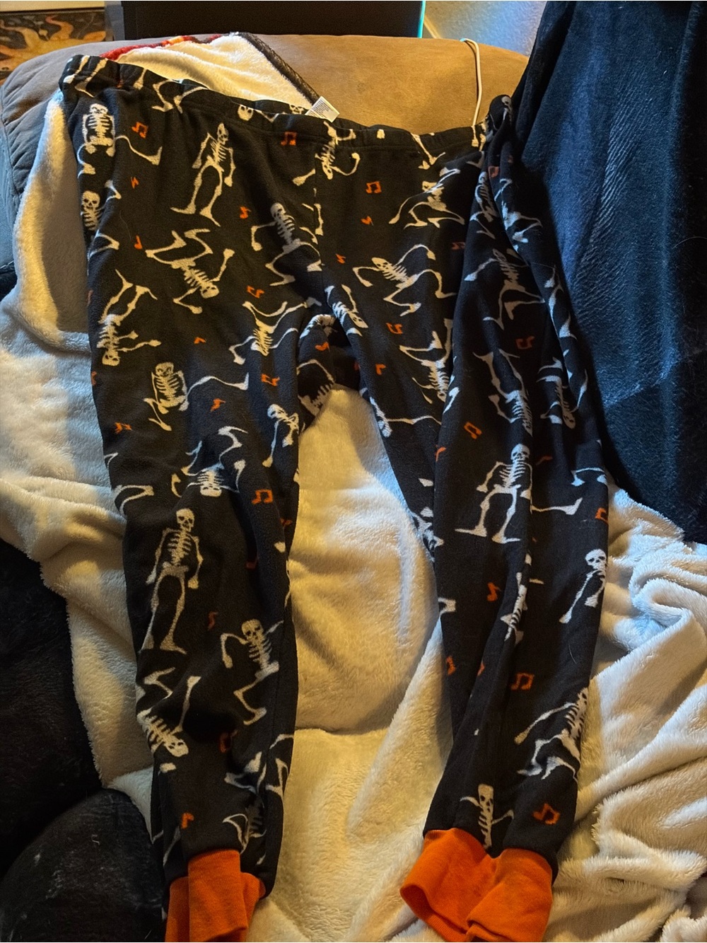 Fun Black Dancing Skeleton Print Pajama Bottoms with Orange Cuffs Size 2X